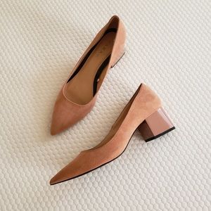 Zara Shoe pink peach suede patent block heel